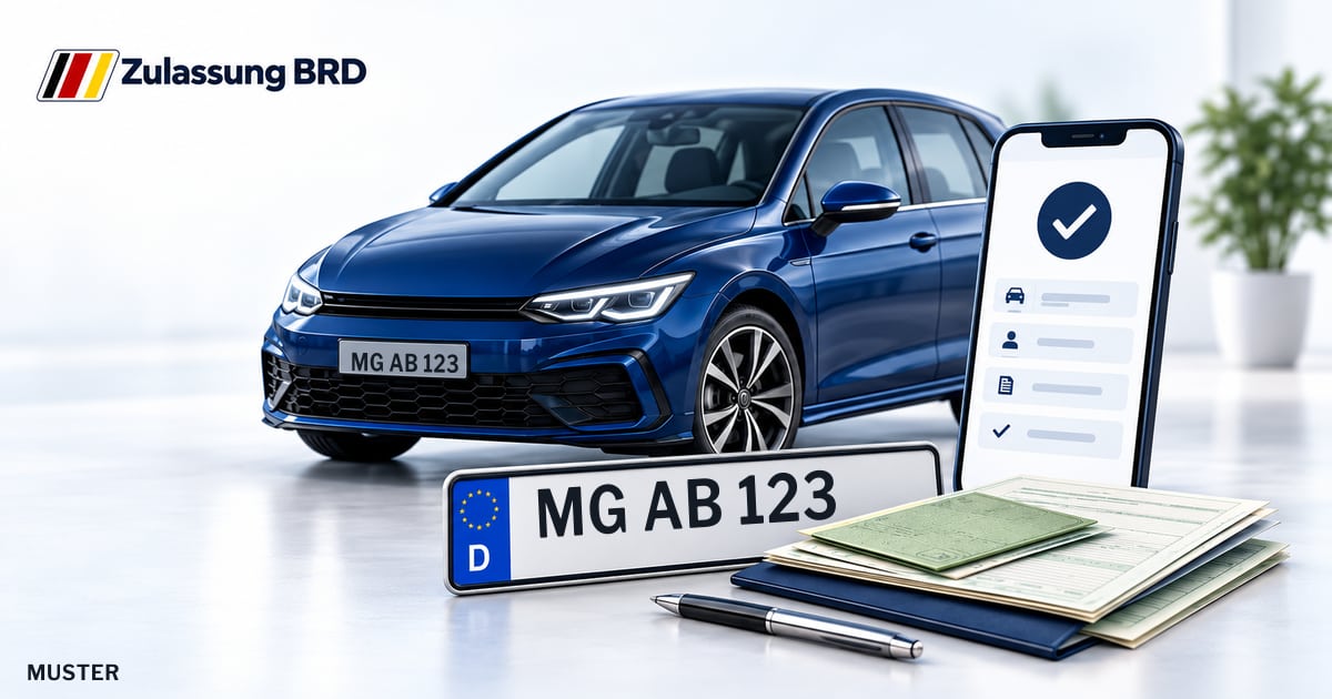 Online Fahrzeugzulassung in Mönchengladbach: Musterkennzeichen MG AB 123, Auto und Fahrzeugpapiere und Smartphone. Illustration mit Logo von Zulassung BRD.
